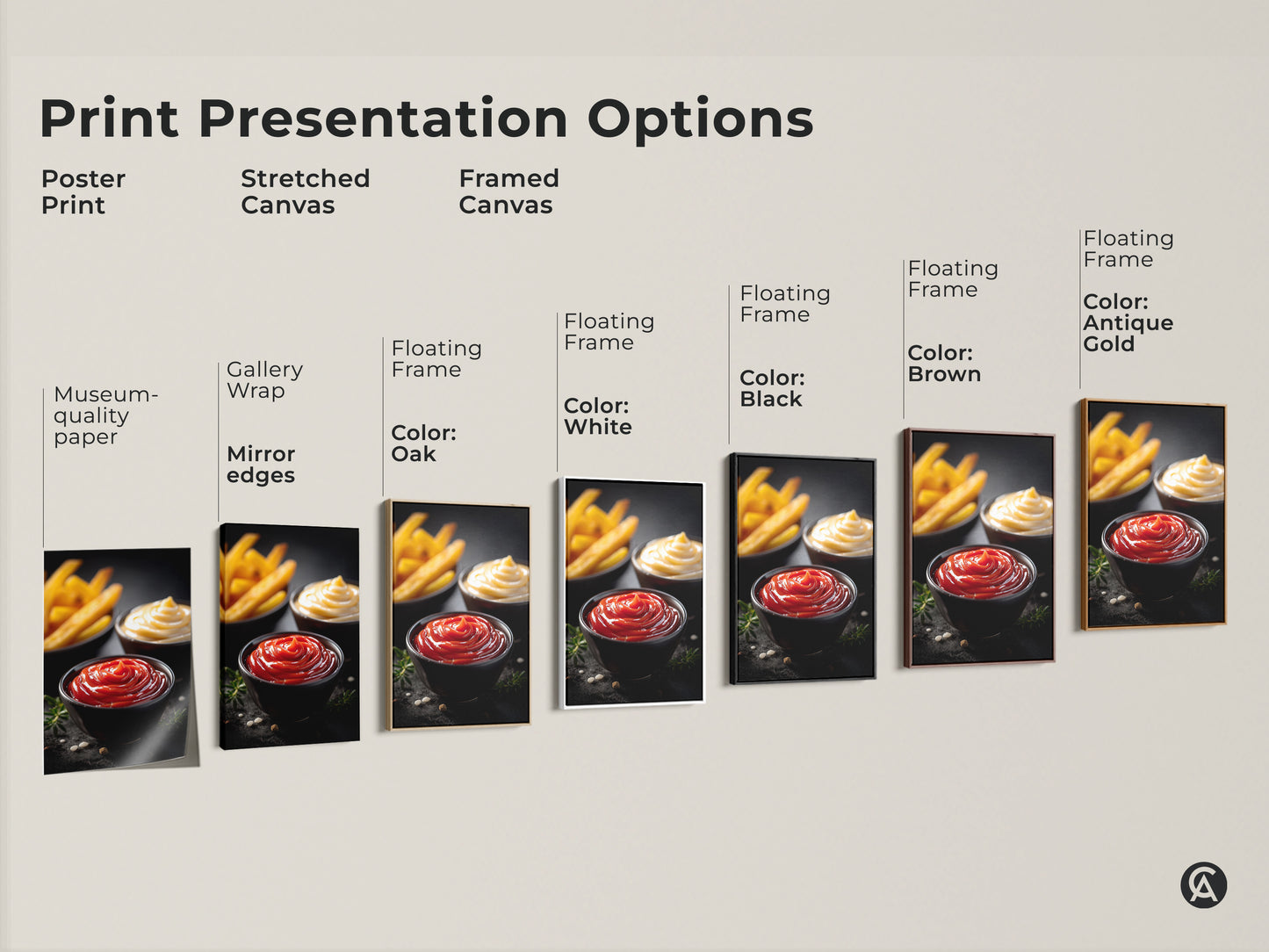 Explore print presentation options for ketchup mayo and fries art. Choose from poster prints stretched canvas and framed canvas. Customize with floating frames in oak white black brown and antique gold. Find the perfect modern food photography to enhance your kitchen or dining space decor.