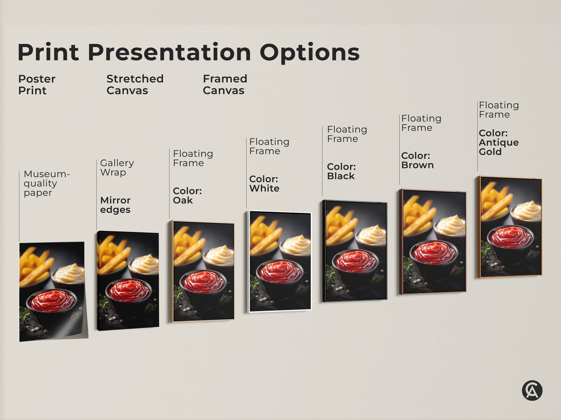 Explore print presentation options for ketchup mayo and fries art. Choose from poster prints stretched canvas and framed canvas. Customize with floating frames in oak white black brown and antique gold. Find the perfect modern food photography to enhance your kitchen or dining space decor.