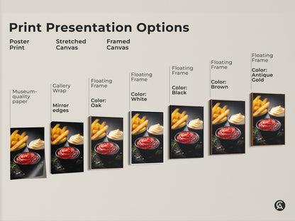 Explore print presentation options for ketchup mayo and fries art. Choose from poster prints stretched canvas and framed canvas. Customize with floating frames in oak white black brown and antique gold. Find the perfect modern food photography to enhance your kitchen or dining space decor.