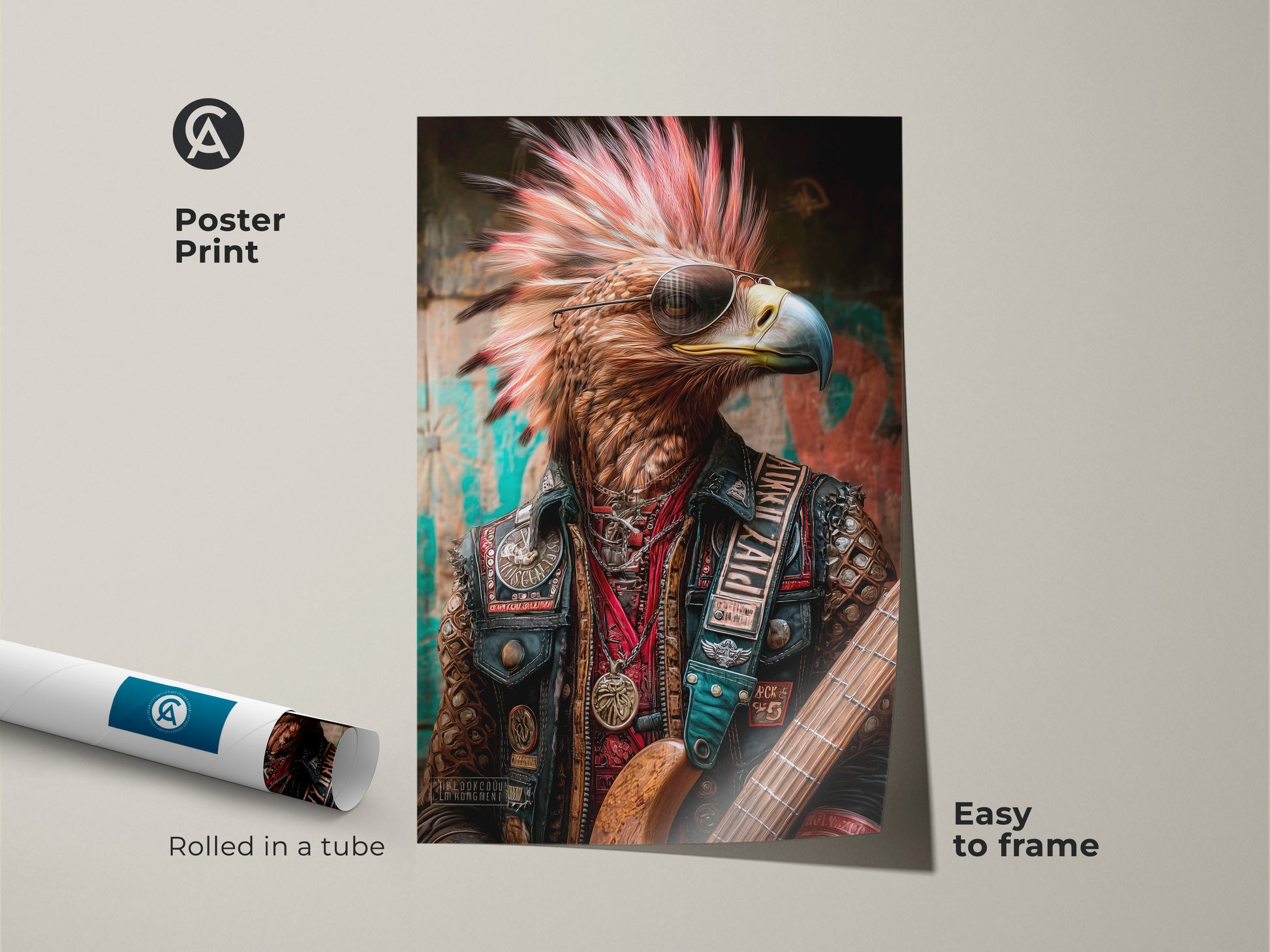 Eagle Rocker poster print is easy to frame and arrives rolled in a tube. This vintage guitar artwork is punk rock with an alternative style. It features an eagle guitarist and sunglasses. The unique animal portrait will bring color to your walls. Perfect music lover gift.