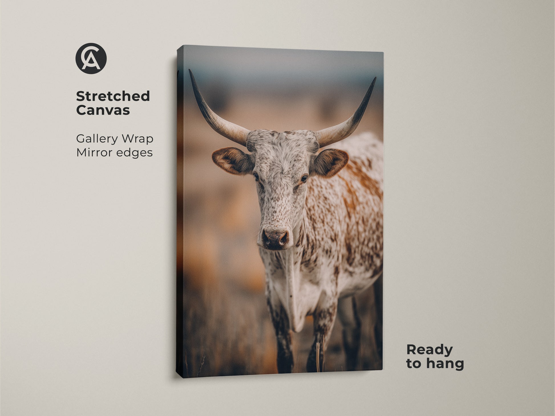Stretched canvas showcasing Longhorn Cow artwork. This gallery wrap features mirrored edges. It is ready to hang. The Texas wildlife canvas print embodies rustic farmhouse style. Perfect for adding country charm to your home decor. The neutral tones enhance any space.