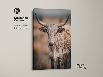 Stretched canvas showcasing Longhorn Cow artwork. This gallery wrap features mirrored edges. It is ready to hang. The Texas wildlife canvas print embodies rustic farmhouse style. Perfect for adding country charm to your home decor. The neutral tones enhance any space.