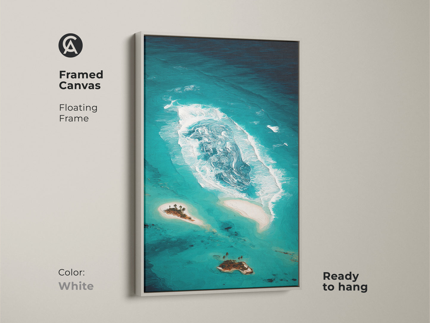 Framed canvas of an abstract teal ocean is ready to hang. The white floating frame highlights the coastal island artwork. This tropical beach landscape features deep teal aqua tones. This turquoise ocean art offers a clean modern look.