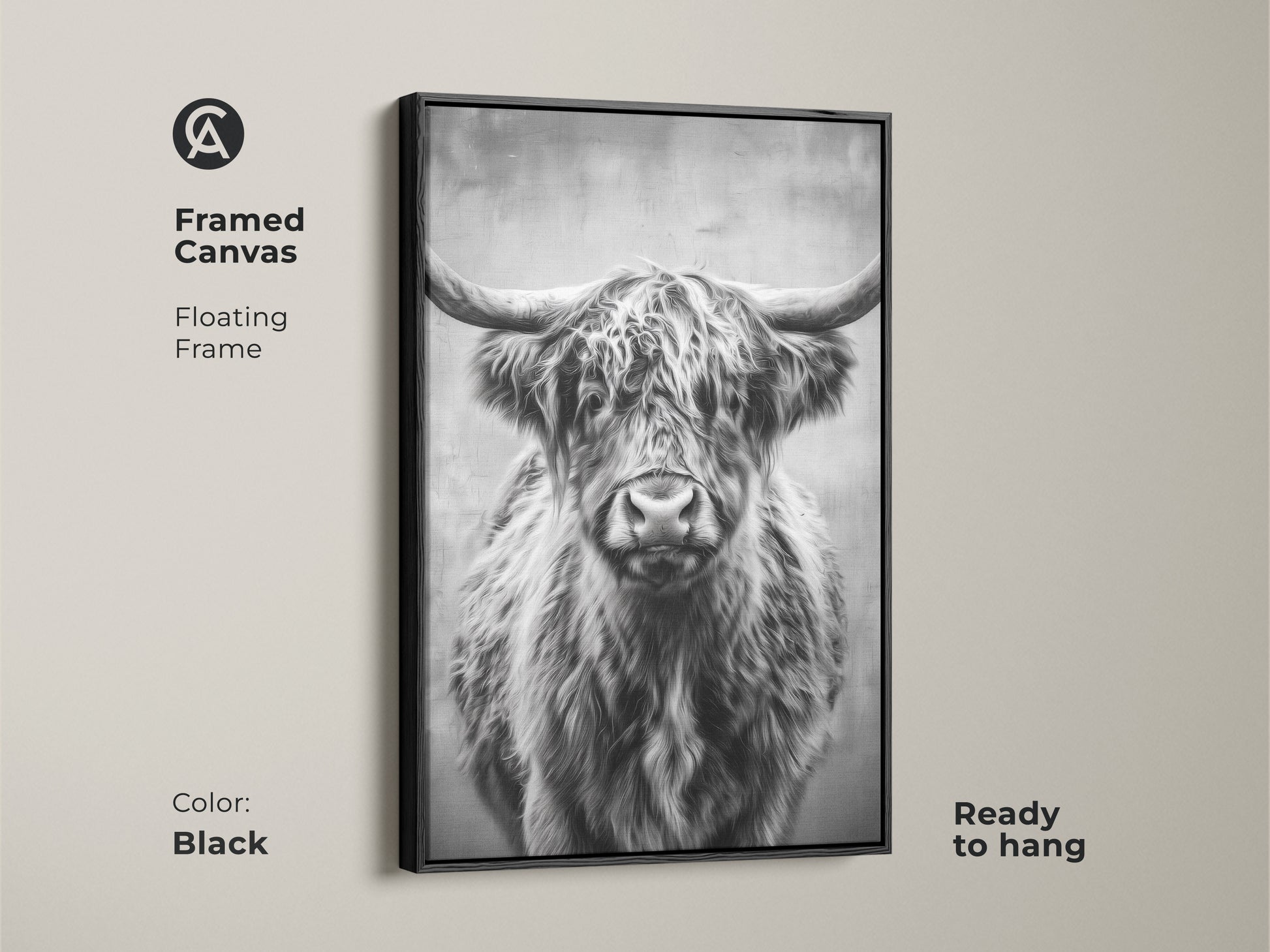 A framed canvas features a monochrome Highland Cow. The black floating frame enhances the black and white animal artwork. Ready to hang this rustic wildlife art adds farmhouse charm. A perfect gift for cow lovers.