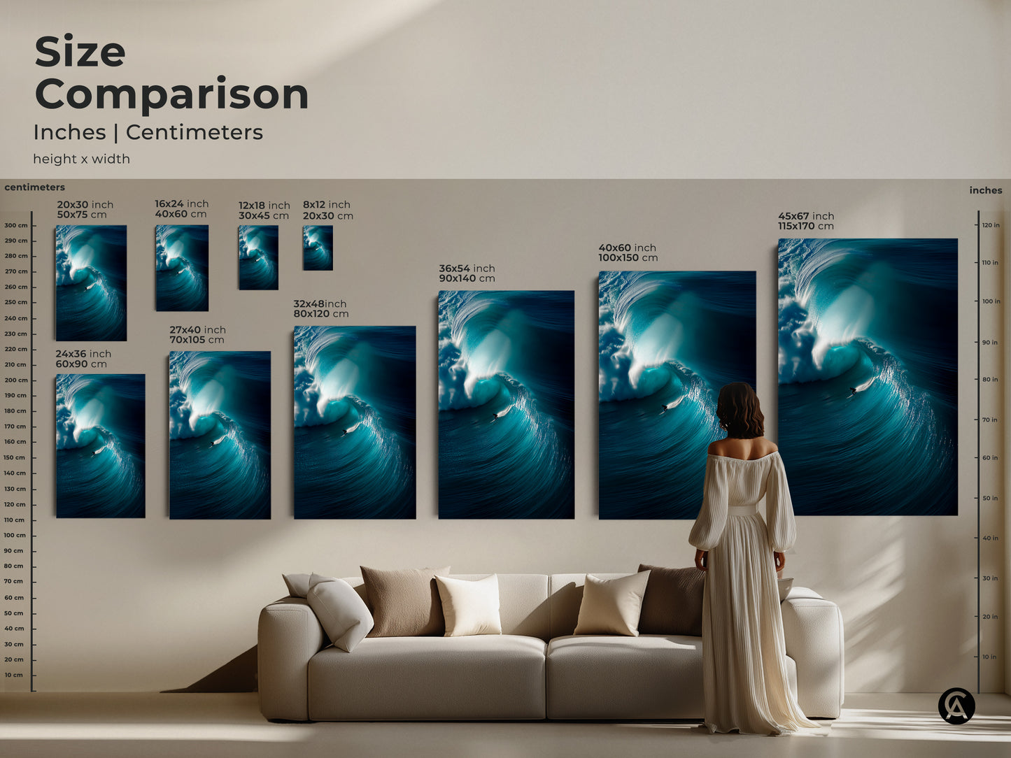 Compare sizes of ocean wave art prints in inches and centimeters. See how the artwork looks above a couch. Available in sizes from 8x12 inches to 45x67 inches. Choose the perfect size for your space. This size comparison helps visualize your wall art.