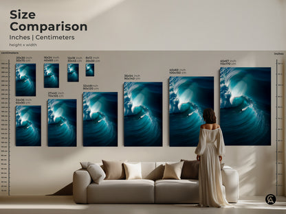 Compare sizes of ocean wave art prints in inches and centimeters. See how the artwork looks above a couch. Available in sizes from 8x12 inches to 45x67 inches. Choose the perfect size for your space. This size comparison helps visualize your wall art.