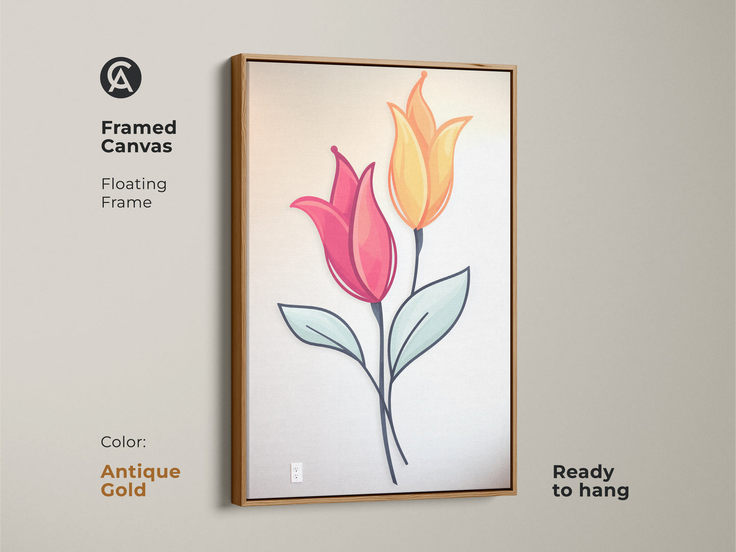 This is an antique gold framed canvas with pink and yellow tulip artwork. This botanical art brings Scandinavian elegance. Ready to hang canvas blends with any decor. The minimalist folk style is a perfect gift for plant lovers.