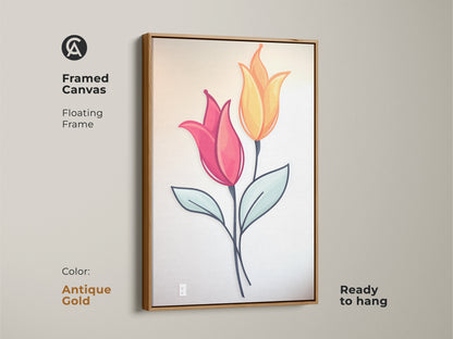 This is an antique gold framed canvas with pink and yellow tulip artwork. This botanical art brings Scandinavian elegance. Ready to hang canvas blends with any decor. The minimalist folk style is a perfect gift for plant lovers.