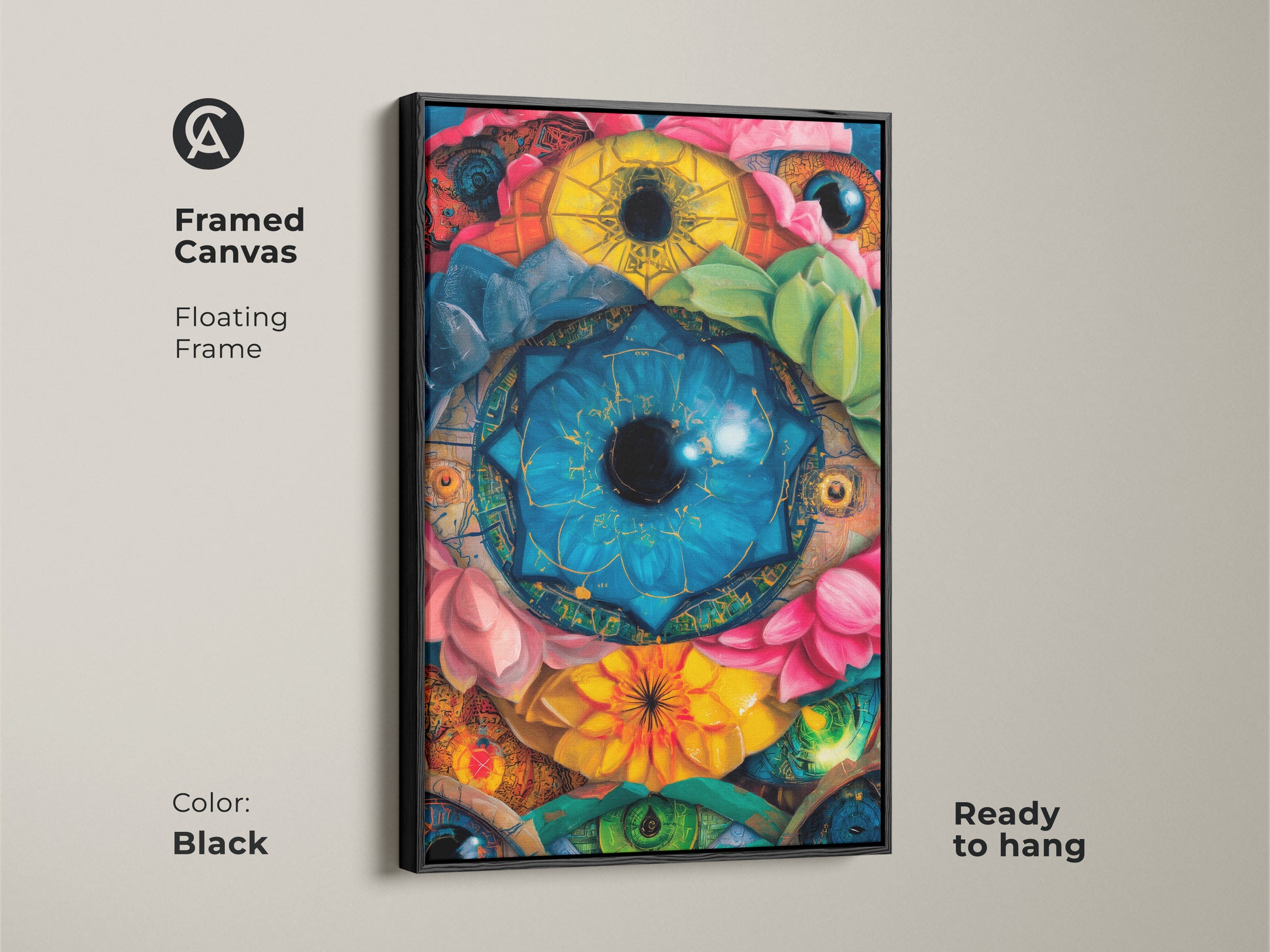 A framed canvas with floating frame showcases surreal eyes botanical artwork. The black frame enhances the deep blue yellow emerald green colors. This psychedelic lotus succulent canvas is ready to hang adding a touch of eclectic charm to any room. An ideal mindfulness gift art.