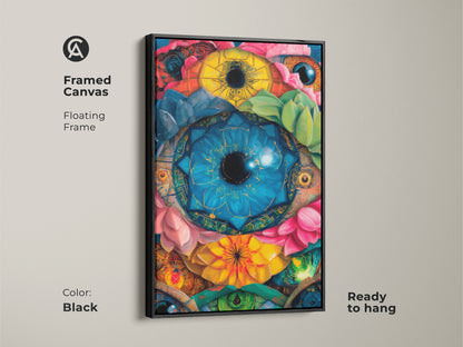 A framed canvas with floating frame showcases surreal eyes botanical artwork. The black frame enhances the deep blue yellow emerald green colors. This psychedelic lotus succulent canvas is ready to hang adding a touch of eclectic charm to any room. An ideal mindfulness gift art.