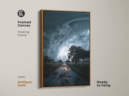 Antique Gold Framed Canvas showcasing dramatic storm art with a floating frame. The lightning landscape print features teal and dark blue weather artwork. This contemporary nature wall decor is ready to hang. It's a striking lightning canvas and perfect for modern and abstract styles.