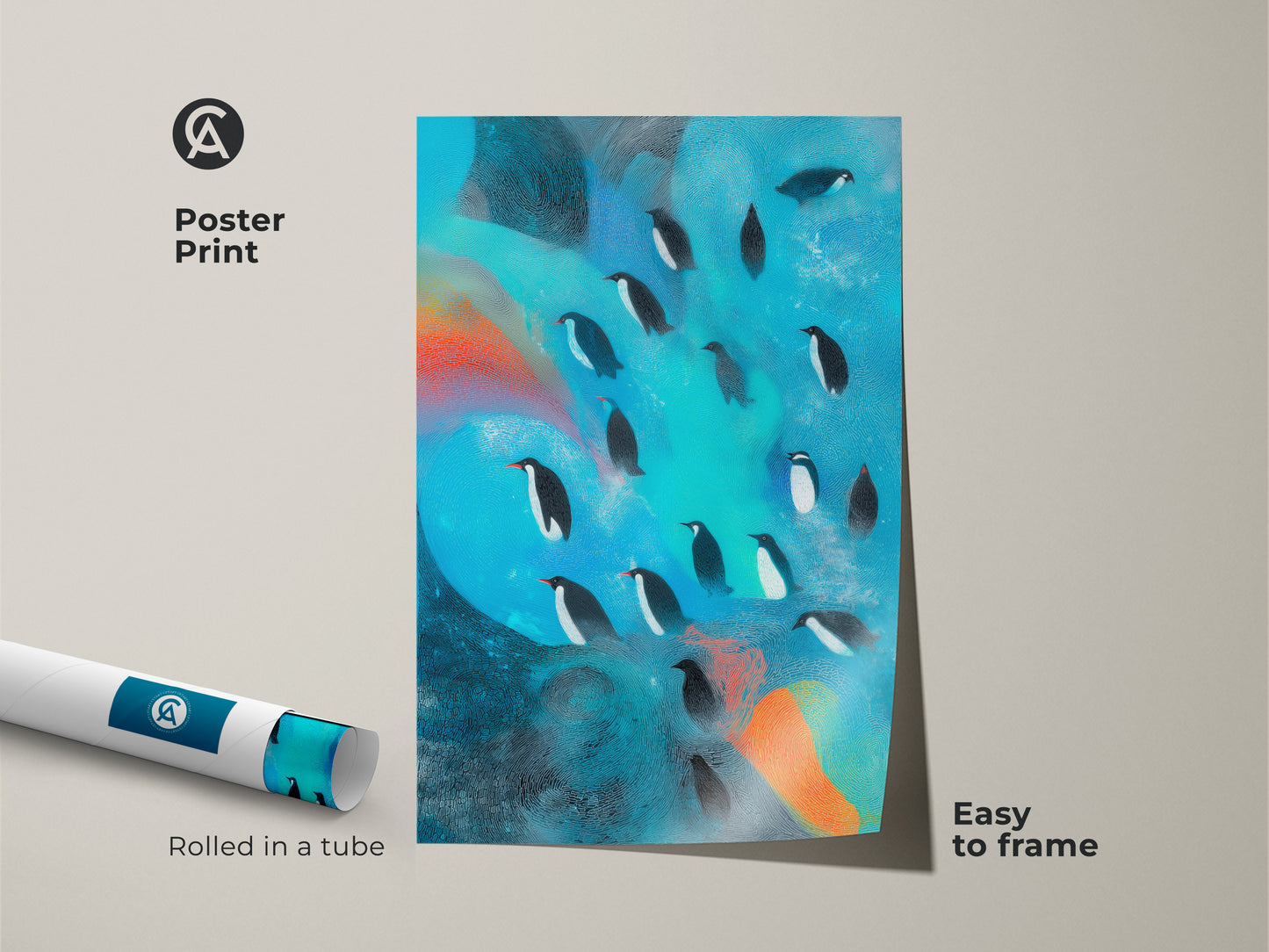 Poster print of abstract penguin wall art. The artwork is rolled in a tube and easy to frame. This colorful teal and orange wall decor adds a modern touch. Perfect for eclectic home spaces.