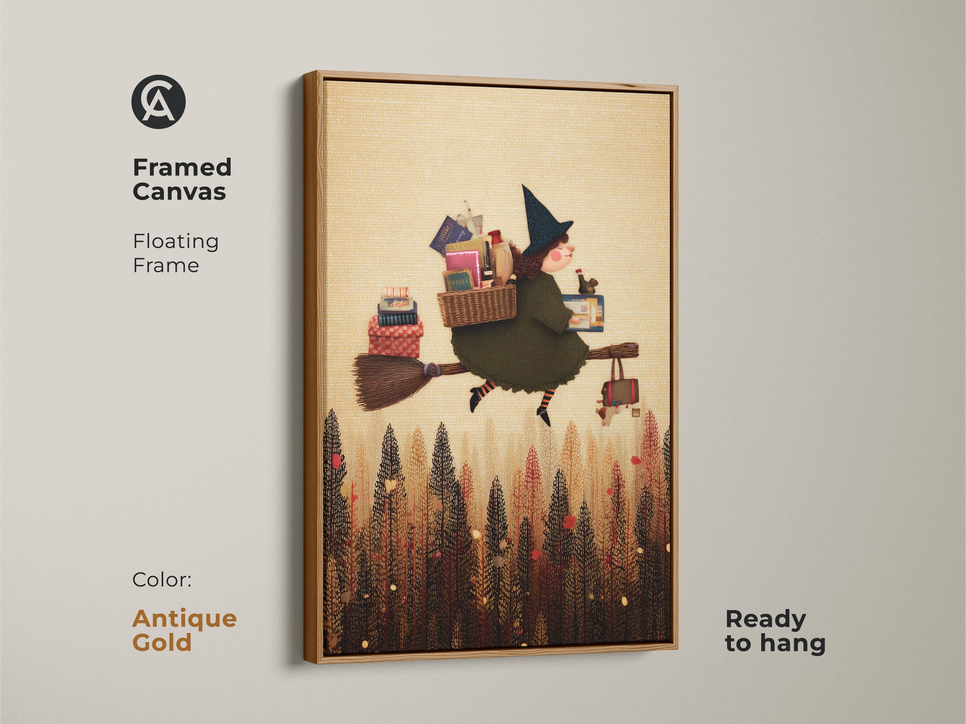 Framed Canvas Print of a Witch flying through a stylized forest carrying books. This art is perfect for Kids Room Decor or Halloween Decor Art in Olive Green. Ready to hang in Antique Gold Frame.