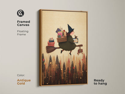 Framed Canvas Print of a Witch flying through a stylized forest carrying books. This art is perfect for Kids Room Decor or Halloween Decor Art in Olive Green. Ready to hang in Antique Gold Frame.