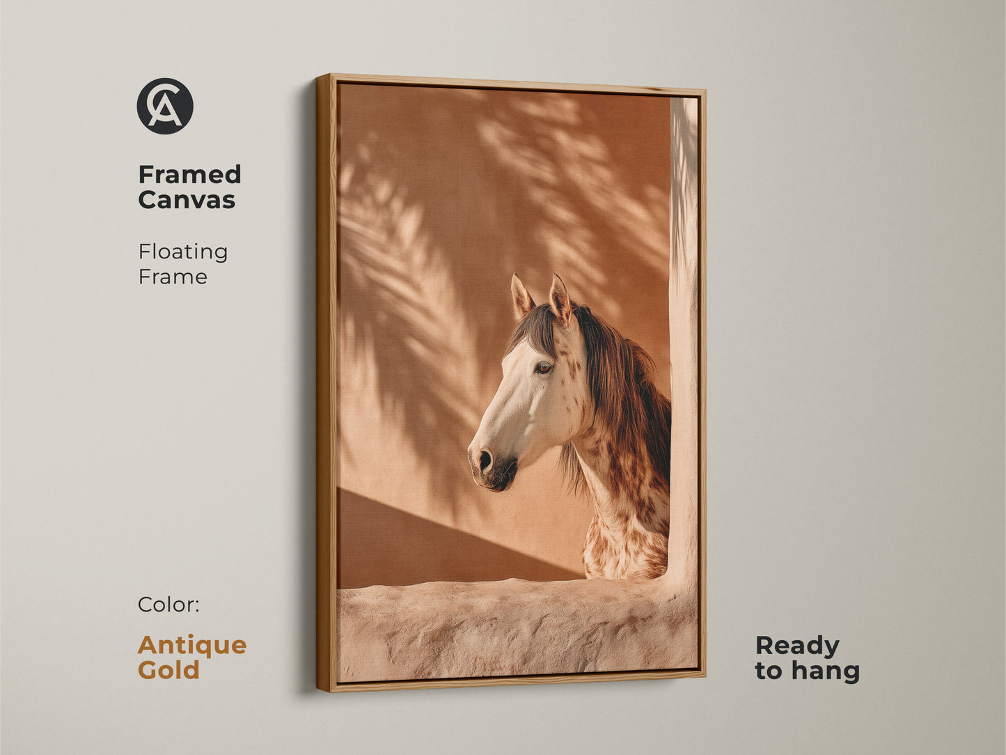 Framed canvas featuring photorealistic horse artwork in an antique gold floating frame. Boho terracotta wall art with palm fronds creates an equestrian bedroom decor. Ready to hang animal portrait wall hanging. Ideal gift for horse lovers seeking warm tone animal art.