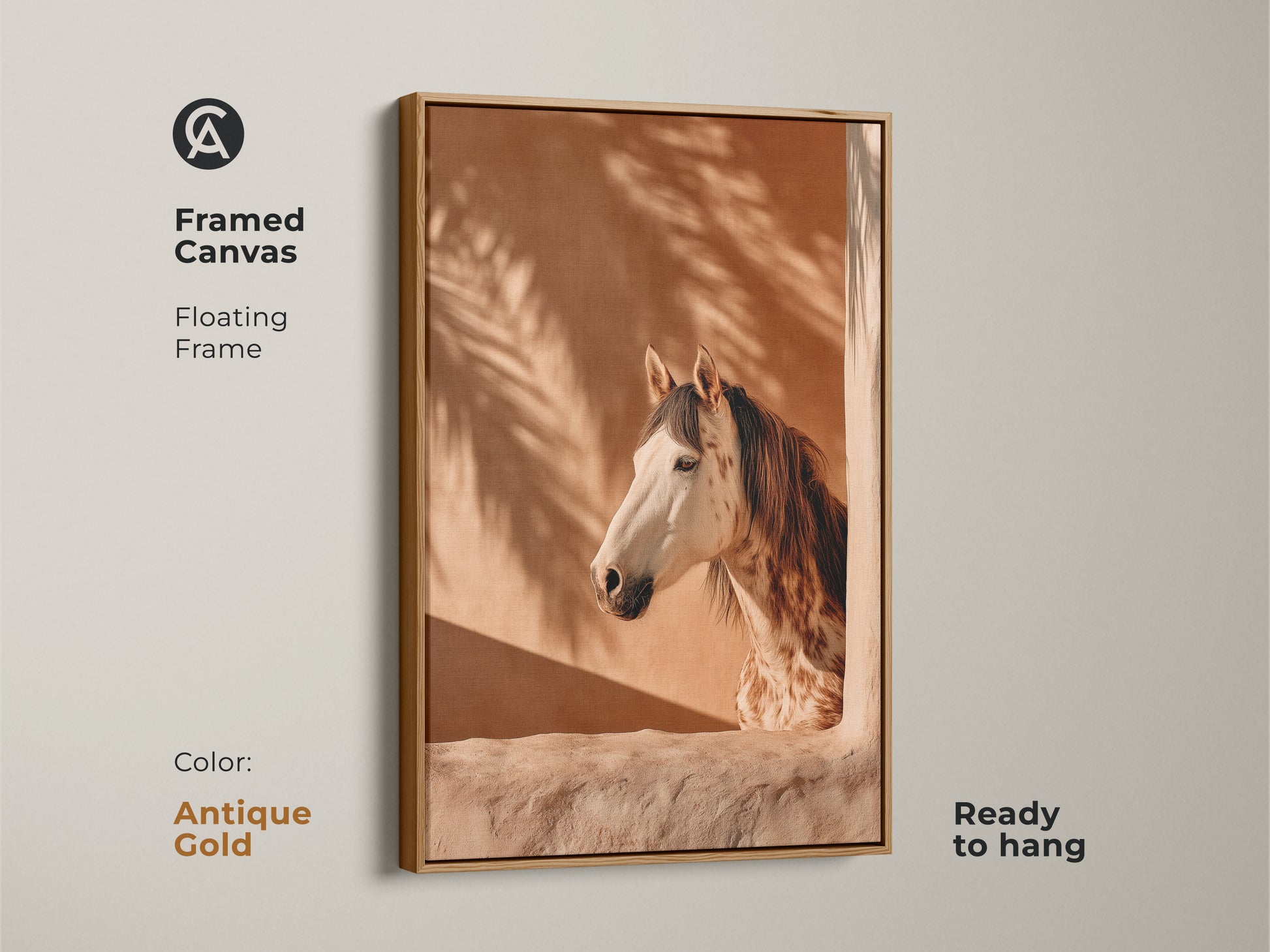Framed canvas featuring photorealistic horse artwork in an antique gold floating frame. Boho terracotta wall art with palm fronds creates an equestrian bedroom decor. Ready to hang animal portrait wall hanging. Ideal gift for horse lovers seeking warm tone animal art.