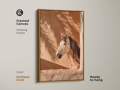Framed canvas featuring photorealistic horse artwork in an antique gold floating frame. Boho terracotta wall art with palm fronds creates an equestrian bedroom decor. Ready to hang animal portrait wall hanging. Ideal gift for horse lovers seeking warm tone animal art.