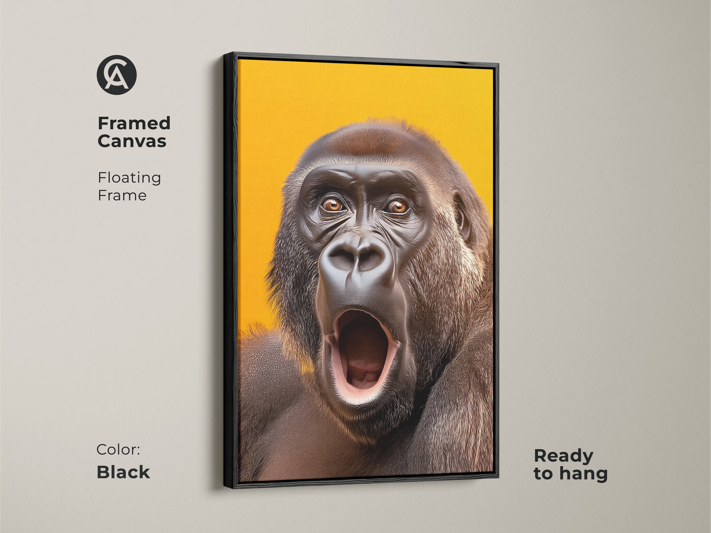 Framed canvas with a realistic gorilla. This primate art features a floating black frame. The wildlife wall art is ready to hang. The yellow orange canvas is modern.