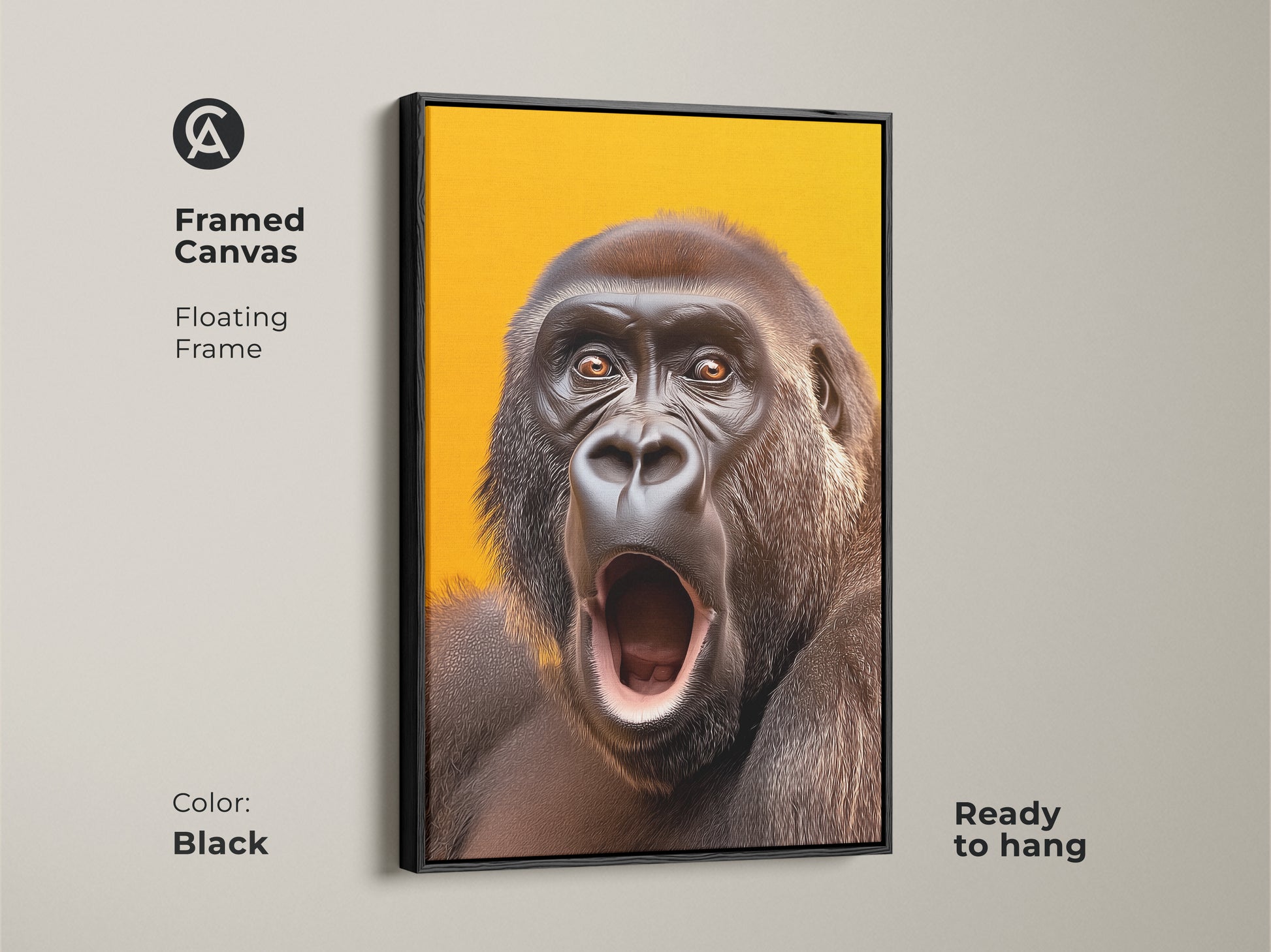 Framed canvas with a realistic gorilla. This primate art features a floating black frame. The wildlife wall art is ready to hang. The yellow orange canvas is modern.
