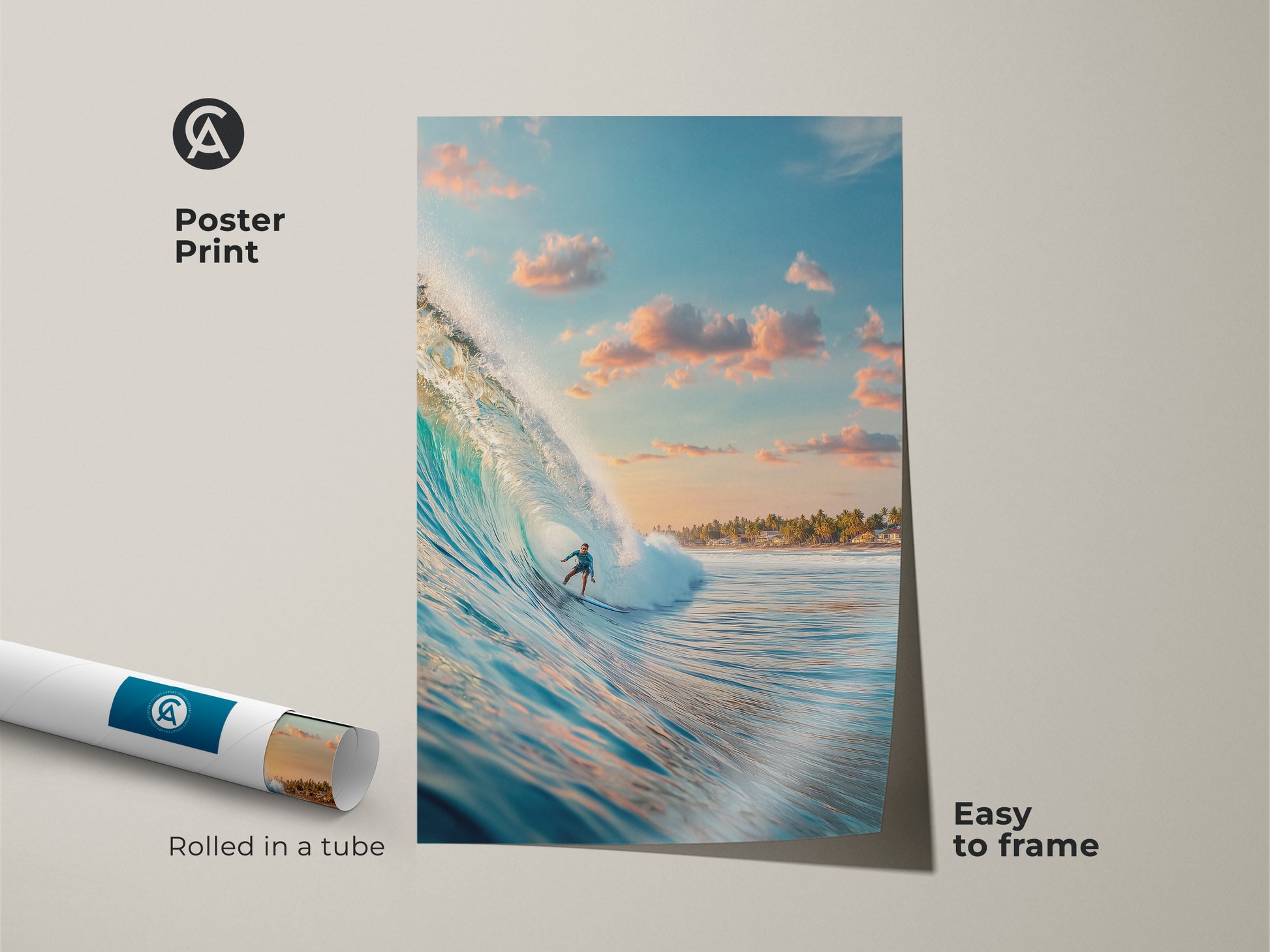 Bring the surf vibes home with this vibrant poster print. The artwork shows a surfer riding a wave. This easy to frame poster is rolled in a tube. It’s perfect for adding a touch of the ocean to your walls.