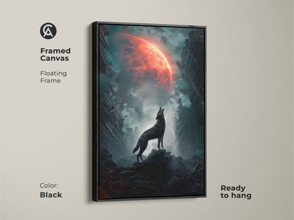Framed canvas featuring a wolf howling at a crimson moon. Floating frame adds a touch of elegance. Black frame color complements the artwork. Ready to hang for immediate enjoyment. Surreal fantasy artwork perfect for any room.