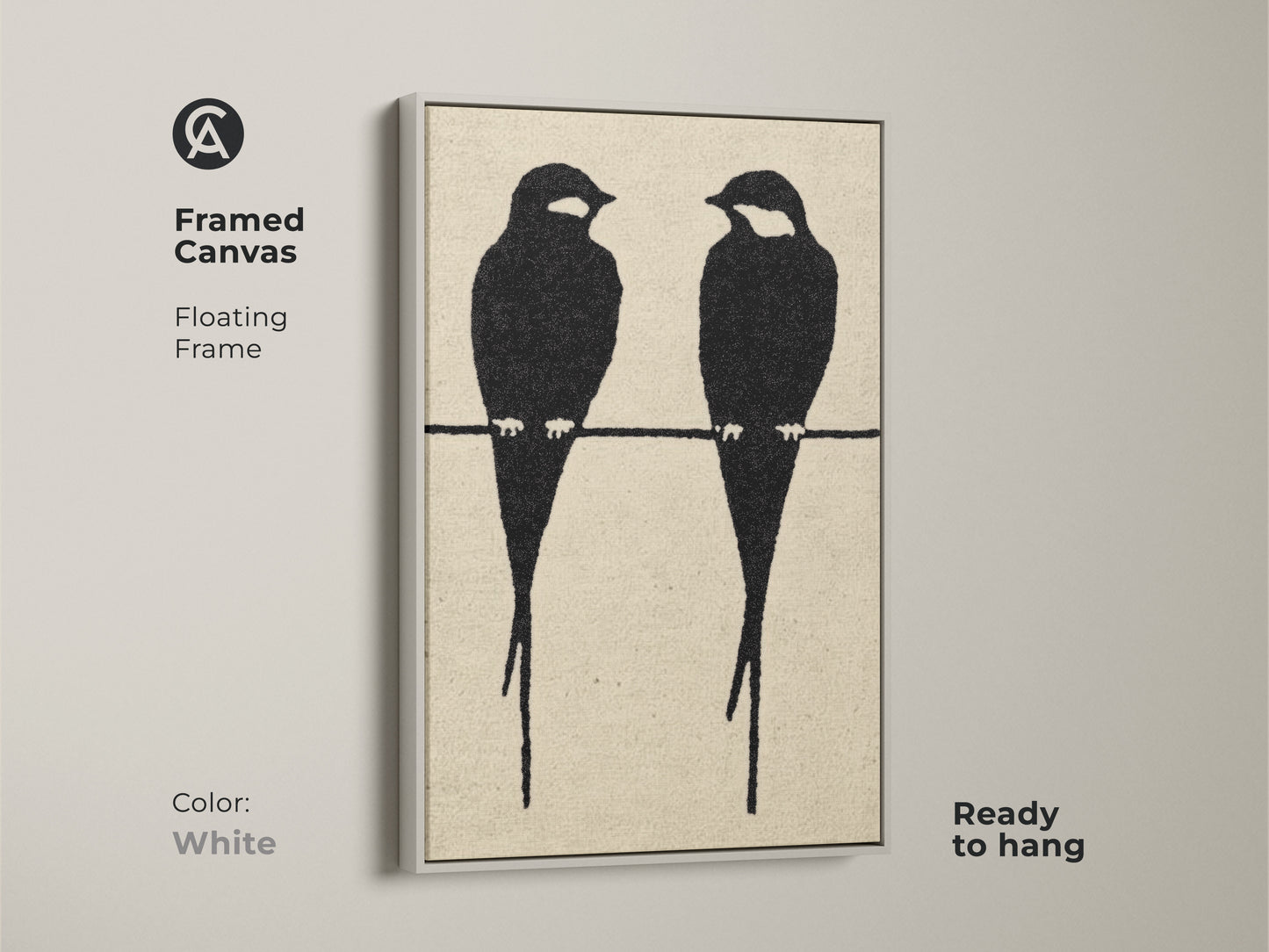 Framed canvas highlighting minimalist bird artwork with a white floating frame. Two black bird silhouettes are featured in this modern abstract art. The black cream art print adds a Scandinavian touch. Ready to hang it enhances minimalist bedroom art. Perfect neutral home decor print.