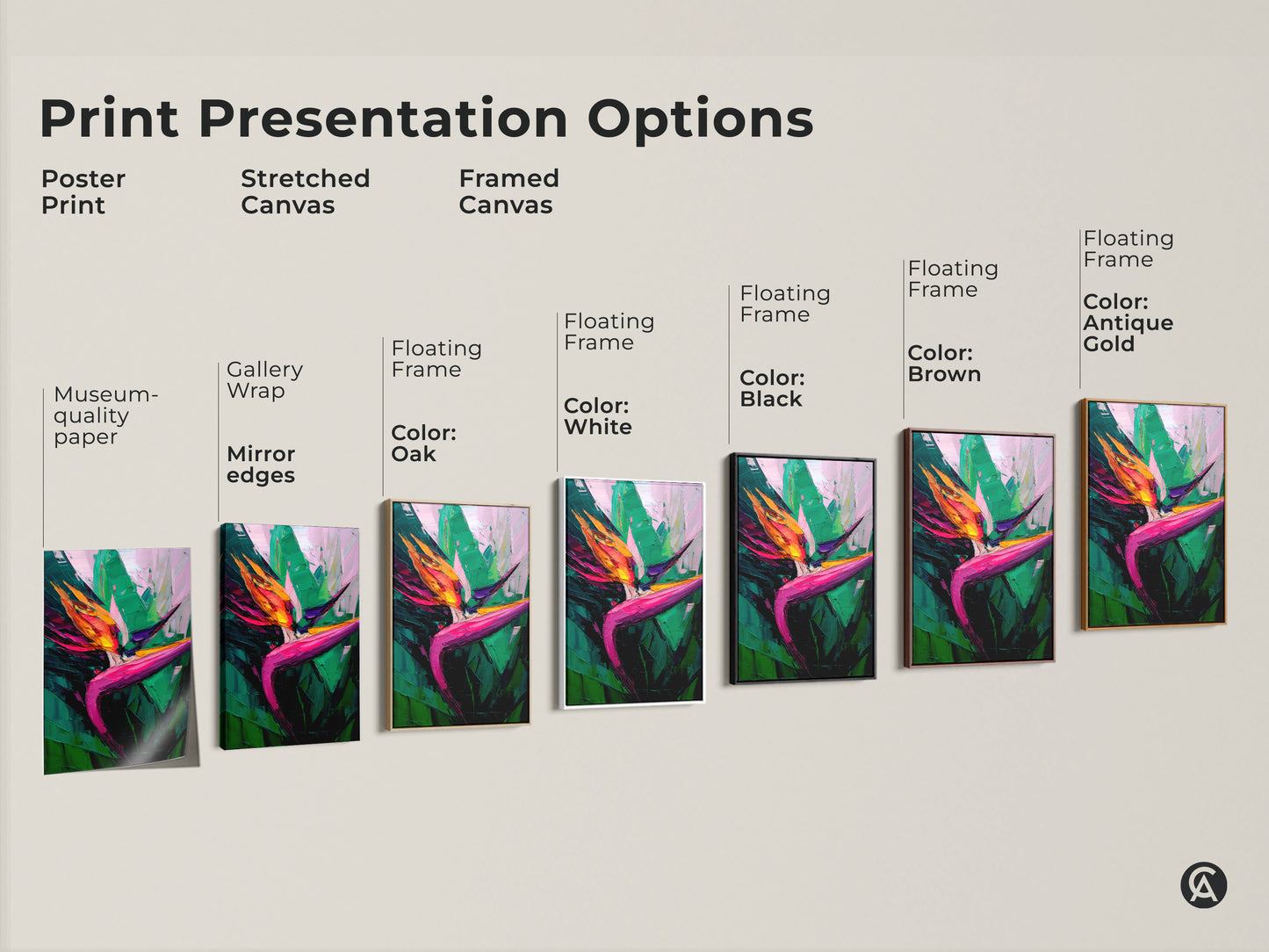 Print presentation options for Bird of Paradise artwork. Choose from poster print stretched canvas and framed canvas. Available with various frames. Add a boho botanical touch to your space.
