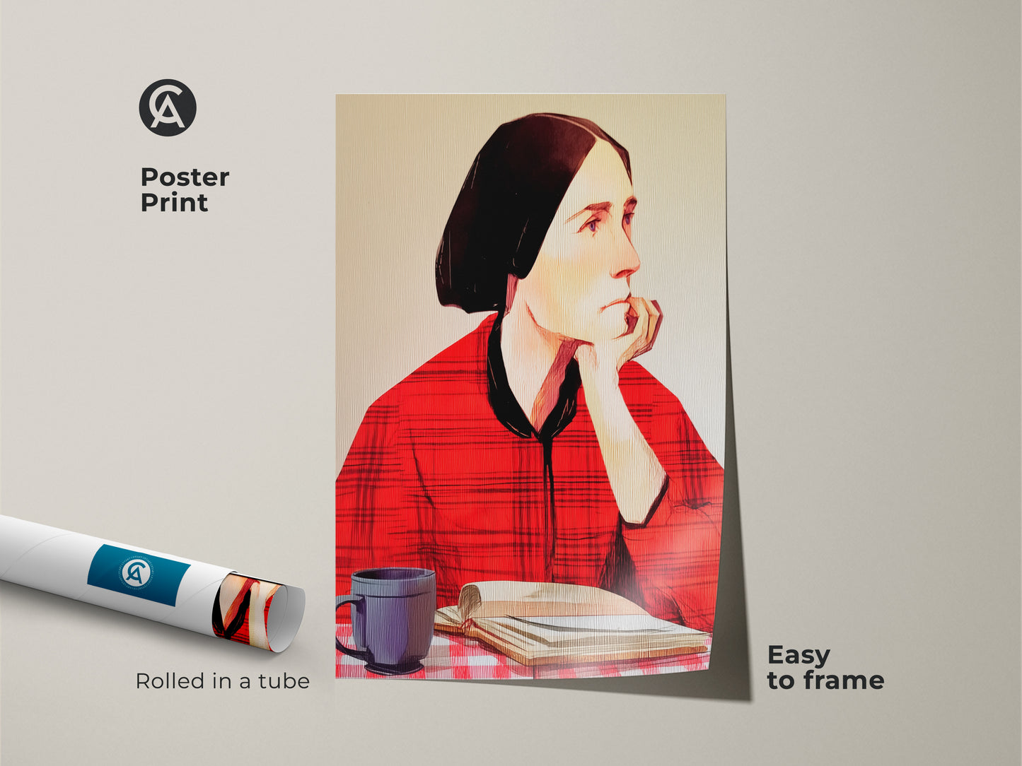 Modern folk art poster print featuring a woman reading. This rolled art piece is easy to frame. The expressive portrait includes a coffee cup and book. Perfect wall decor for an eclectic study room or home office. The red plaid shirt adds a unique touch.