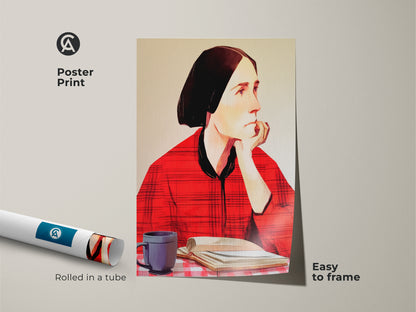 Modern folk art poster print featuring a woman reading. This rolled art piece is easy to frame. The expressive portrait includes a coffee cup and book. Perfect wall decor for an eclectic study room or home office. The red plaid shirt adds a unique touch.