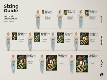 Sizing guide for vertical orientation. Canvas and poster options show a rustic village wall art. Naive art shows a countryside scene. Perfect wine lover housewarming gift adds farmhouse kitchen decor. Find the perfect size for your space.