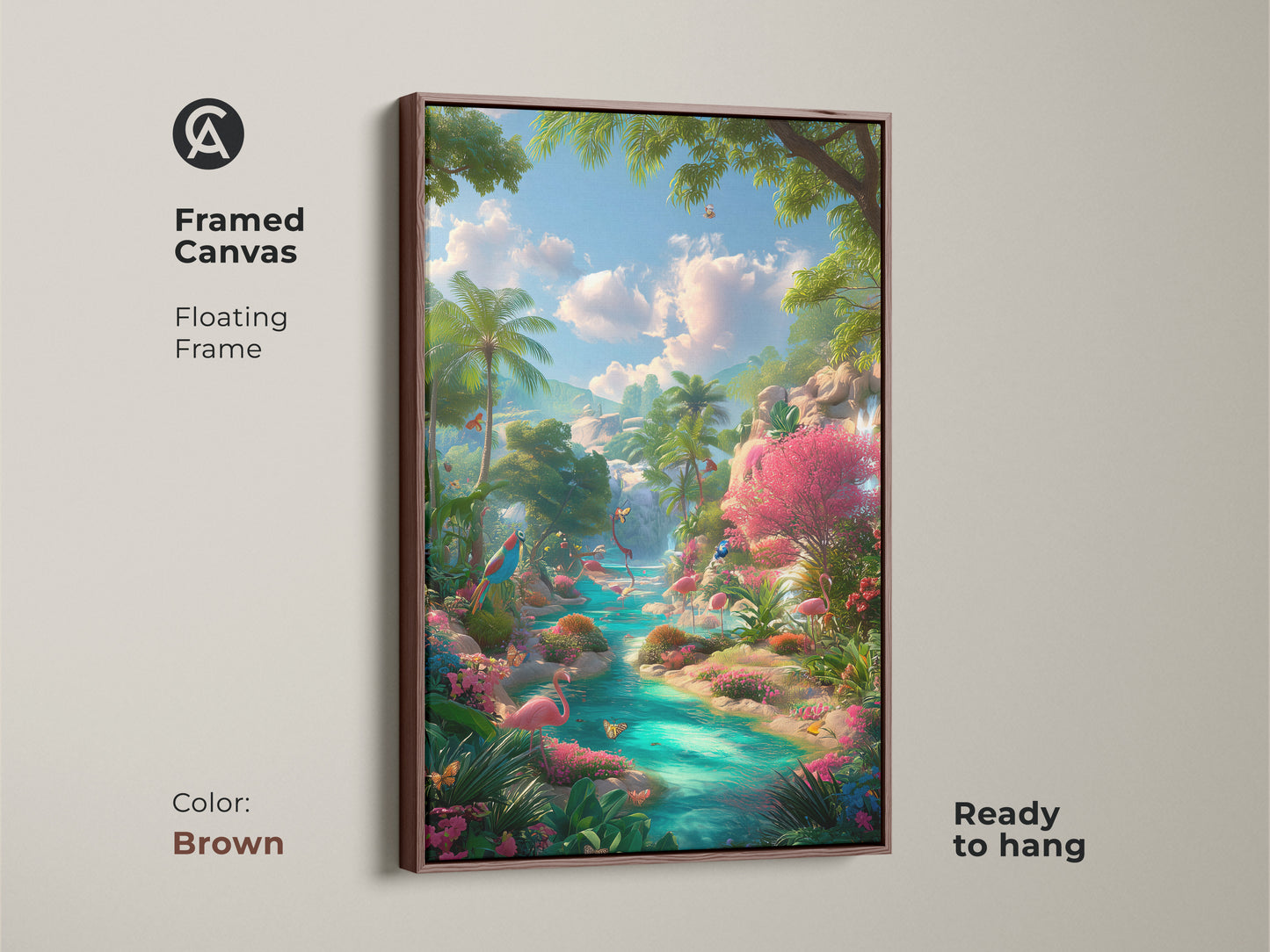 Framed canvas art featuring a flamingo paradise river in a brown floating frame. The warm tones enhance the tropical scene. Ready to hang this artwork adds sophistication and a calming ambiance to your home.