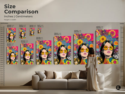 Size comparison of eclectic pop art featuring a woman with cats. Displayed in inches and centimeters. The retro cat lover gift is perfect for any room. The hot pink yellow teal colors make it vibrant. Choose from various sizes to suit your space. Enhance your home decor with this art.