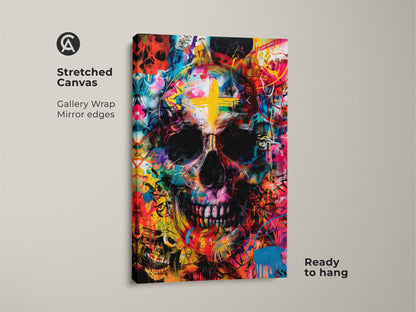 Stretched Canvas Skull Artwork. Gallery wrapped canvas featuring a colorful skull art piece. The skull has a bold yellow cross. Ready to hang and admire. Shop Now.