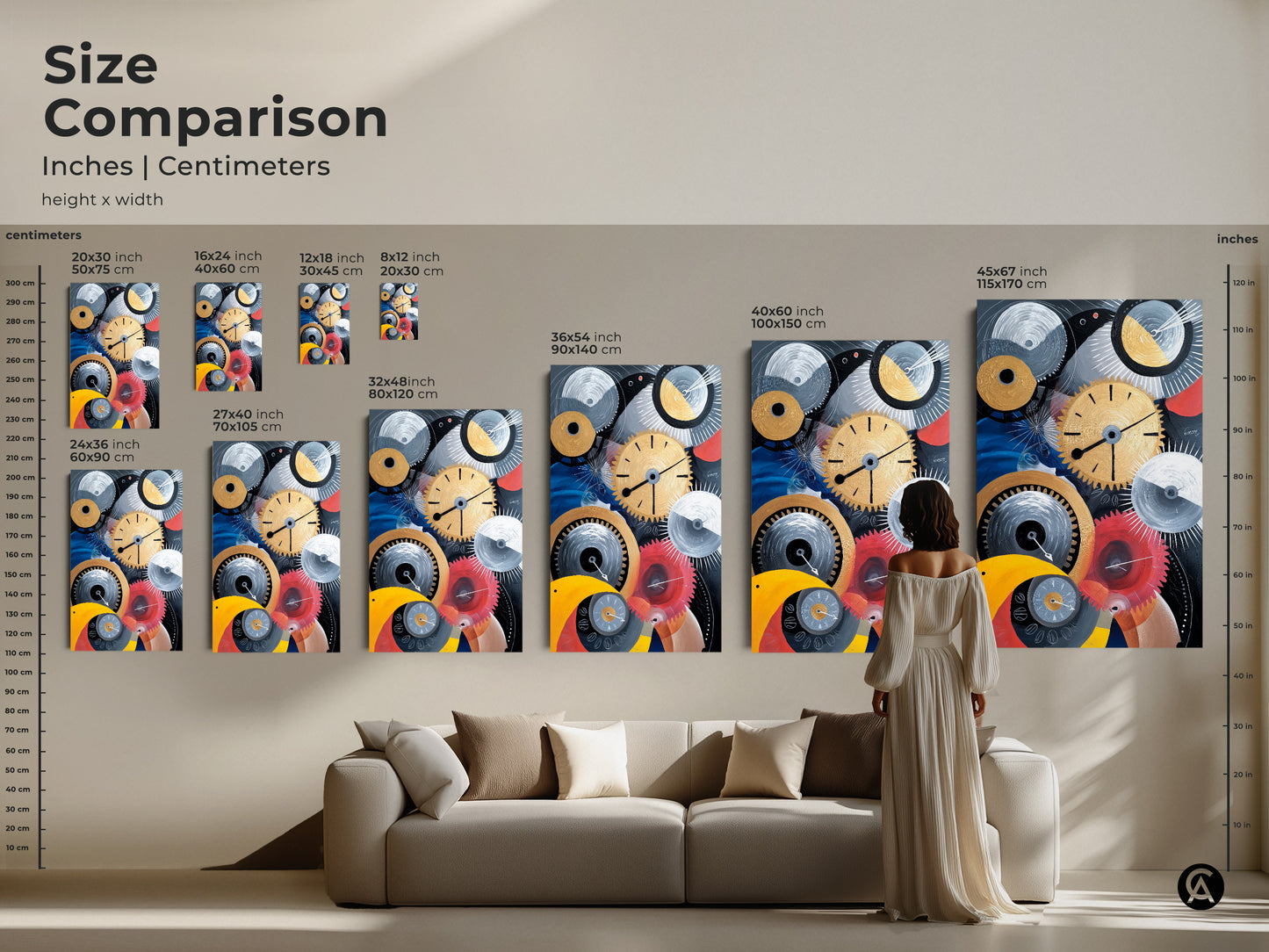 Size comparison featuring the abstract mechanical artwork in various sizes. See how the sizes look in relation to furniture and people. This artwork with gold clock gears can enhance any room.