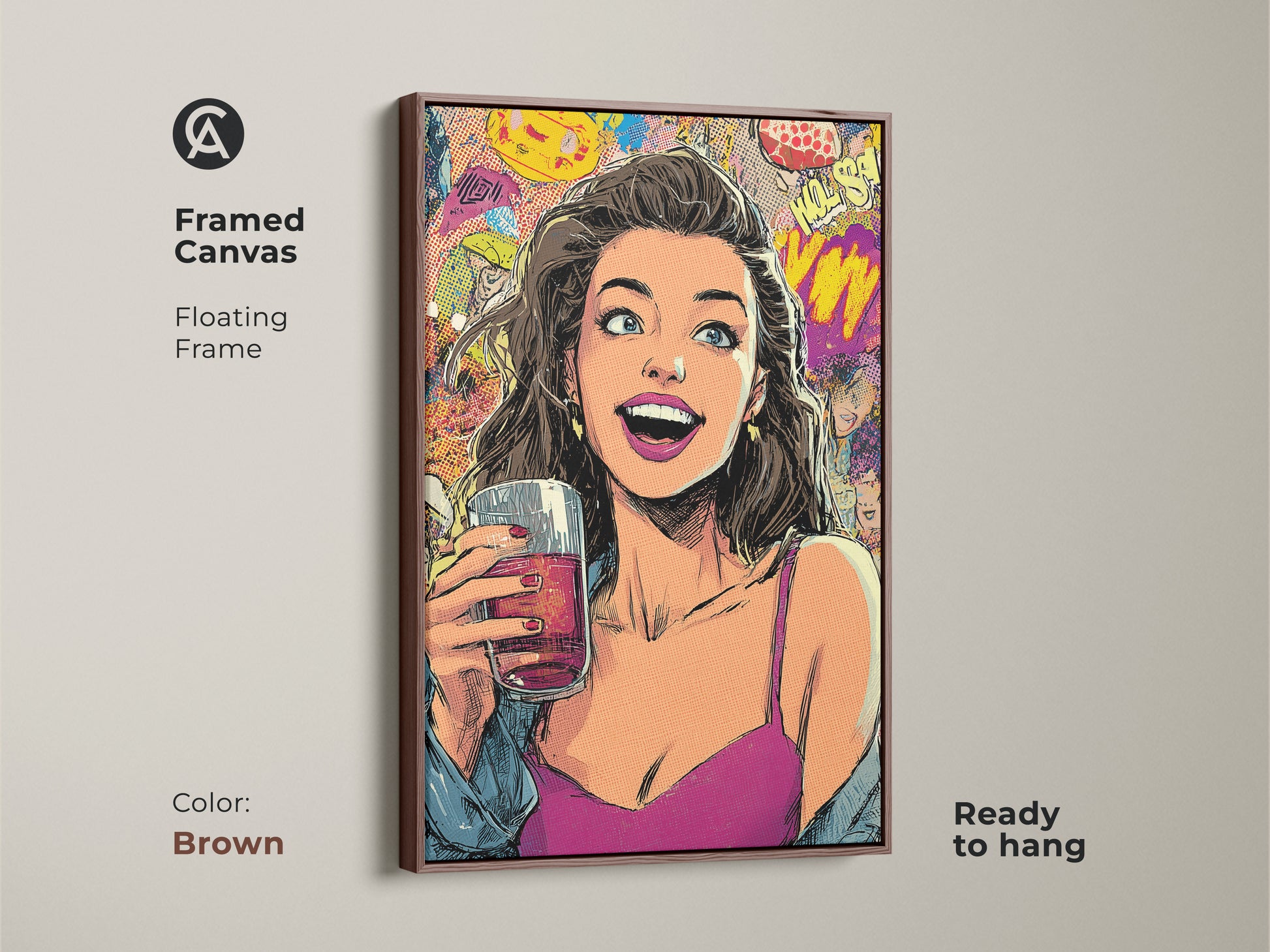 Framed canvas featuring a pop art woman enjoying a drink. Brown floating frame complements the retro comic book wall art. This artwork is ideal for eclectic bedroom decor with magenta blue and yellow colors. The canvas is ready to hang.
