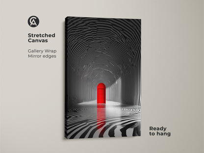 Stretched canvas artwork of a striped tunnel with a red door. The gallery wrap has mirror edges giving it a clean look. This ready-to-hang canvas adds depth and intrigue. Its monochrome palette with a pop of red makes it a striking addition. Ideal for modern art collectors.