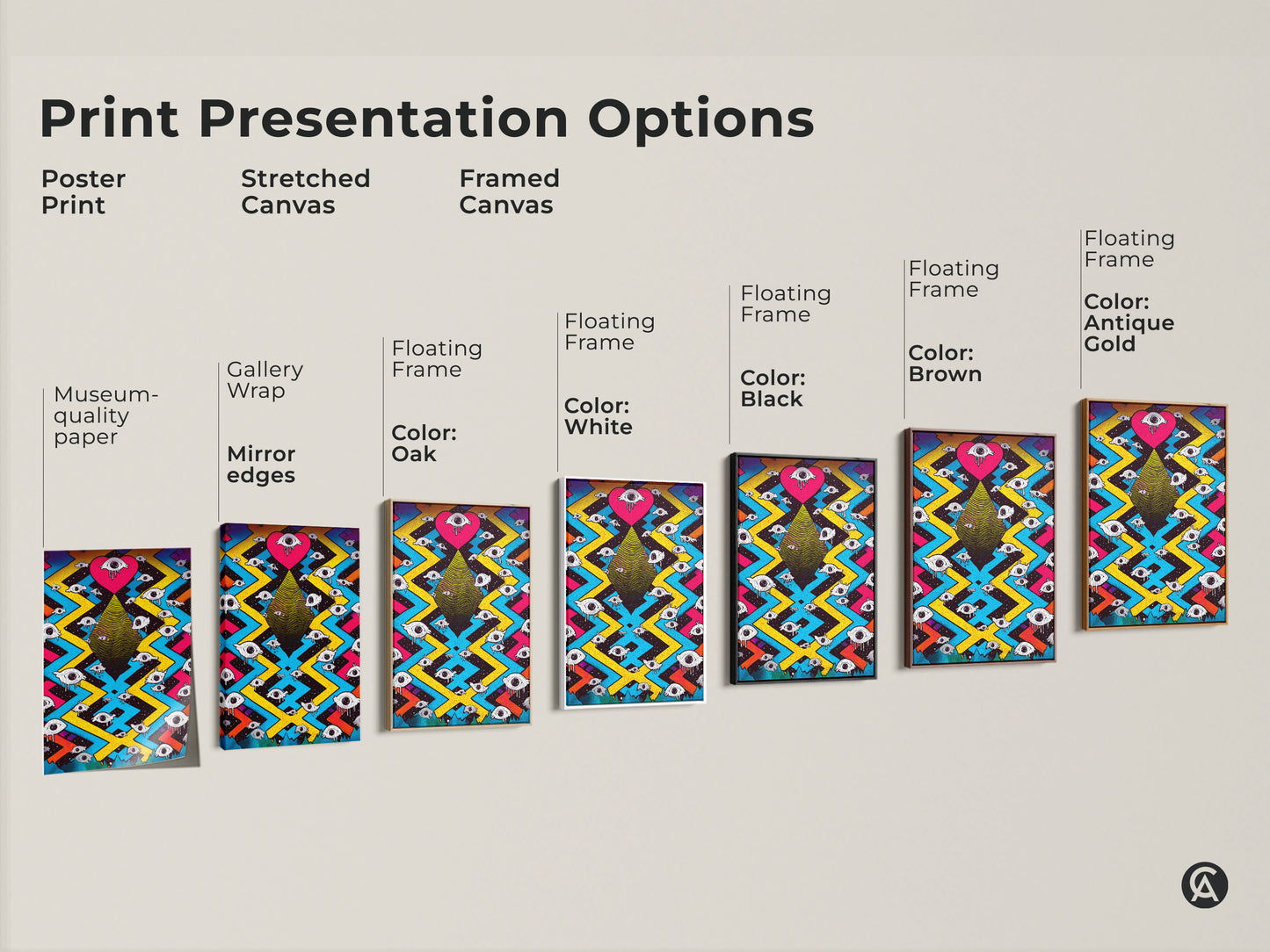 Explore print presentation options for surreal eye heart artwork. Choose from poster prints or stretched canvas. Options include framed canvas with floating frames in black brown white and oak. Find museum-quality paper and gallery-wrapped mirror edges. This psychedelic art is perfect for eclectic rooms.