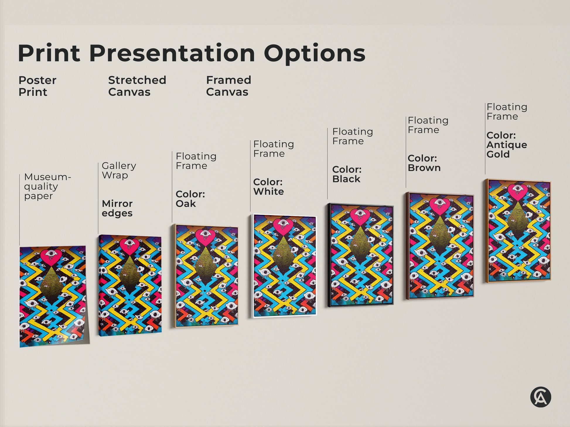 Explore print presentation options for surreal eye heart artwork. Choose from poster prints or stretched canvas. Options include framed canvas with floating frames in black brown white and oak. Find museum-quality paper and gallery-wrapped mirror edges. This psychedelic art is perfect for eclectic rooms.
