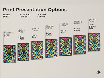 Explore print presentation options for surreal eye heart artwork. Choose from poster prints or stretched canvas. Options include framed canvas with floating frames in black brown white and oak. Find museum-quality paper and gallery-wrapped mirror edges. This psychedelic art is perfect for eclectic rooms.