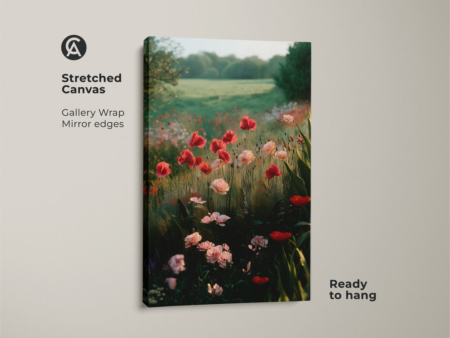 Stretched canvas print of a poppy field with mirror edges. This romantic floral wall art adds a boho touch to any room. It's ready to hang and brings an impressionistic nature landscape indoors. Perfect cottagecore wall decor.