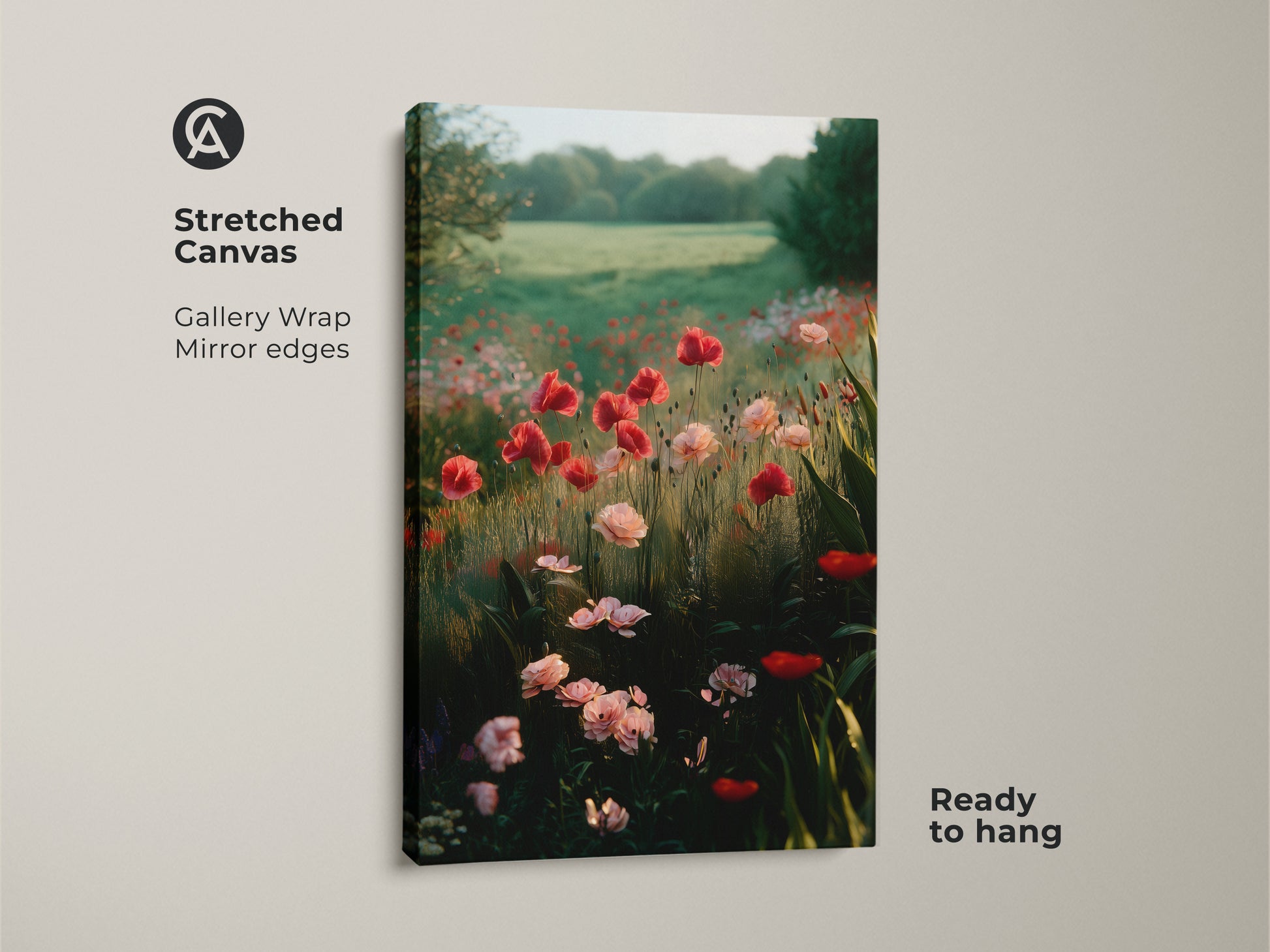 Stretched canvas print of a poppy field with mirror edges. This romantic floral wall art adds a boho touch to any room. It's ready to hang and brings an impressionistic nature landscape indoors. Perfect cottagecore wall decor.