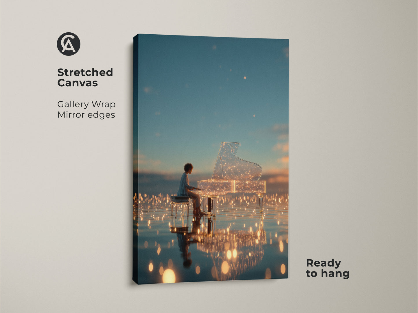 Stretched canvas art featuring a pianist playing a crystal grand piano. The gallery wrap and mirror edges create a seamless look. This ready-to-hang artwork adds sophistication to any room. Ideal for those who appreciate musical art.