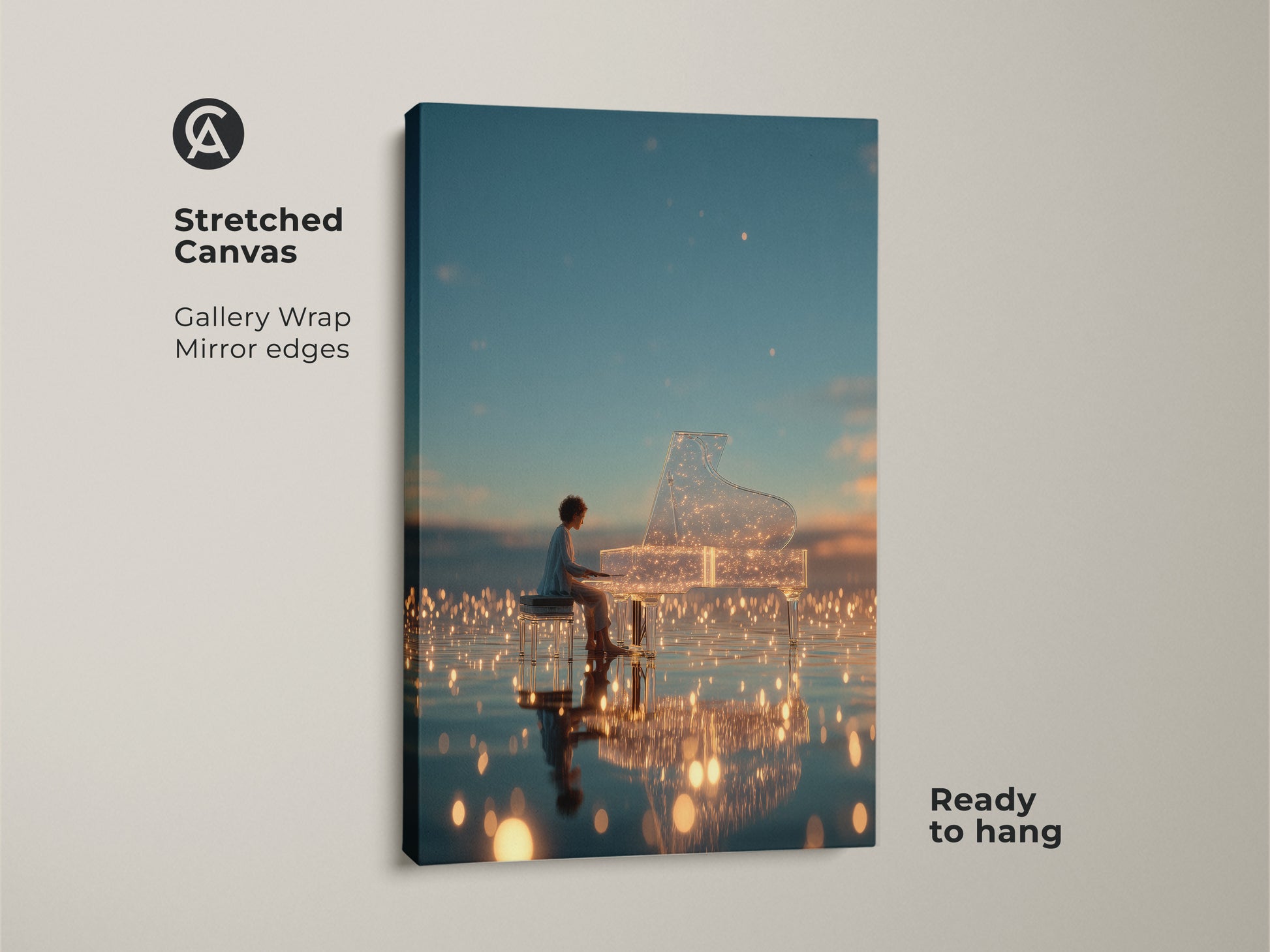 Stretched canvas art featuring a pianist playing a crystal grand piano. The gallery wrap and mirror edges create a seamless look. This ready-to-hang artwork adds sophistication to any room. Ideal for those who appreciate musical art.