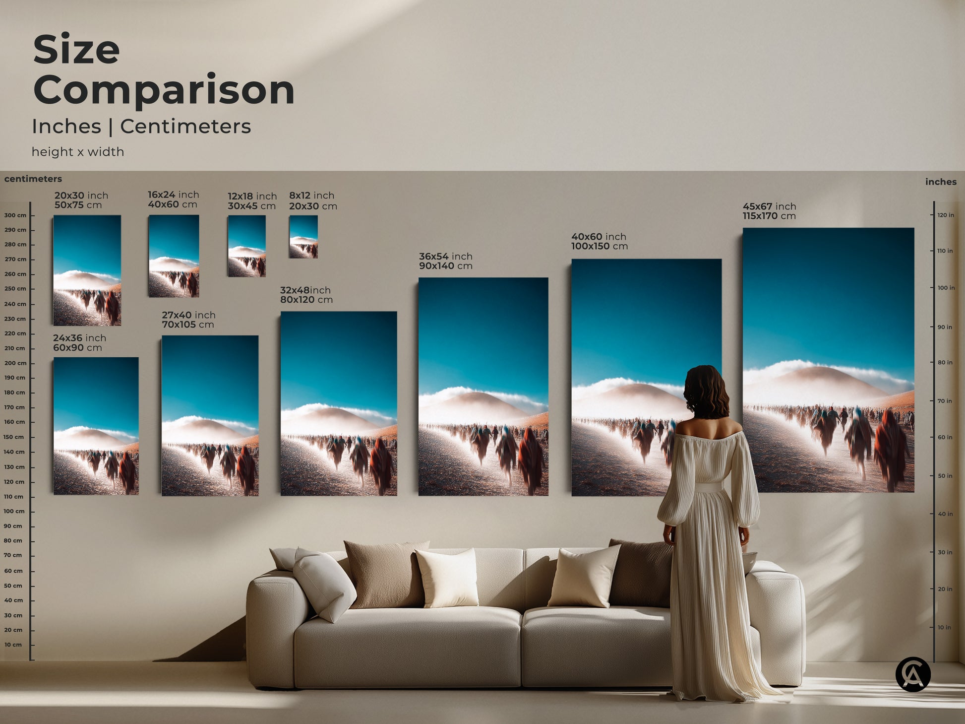 Size comparison of abstract desert landscape artwork. Inches and centimeters display sizes from 20x30 cm to 45x67 inches. Visualize the scale in a living room setting. Discover the perfect size for your contemporary home decor. Choose canvas or poster prints. Find your unique wall hanging today.