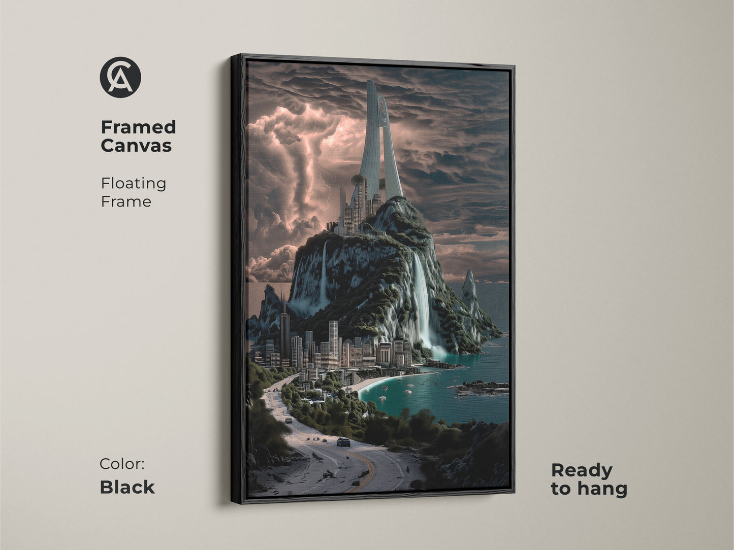 Framed canvas floating frame in black. The artwork is ready to hang. This modern art features a futuristic city on a tropical island with waterfalls. Perfect wall decor.