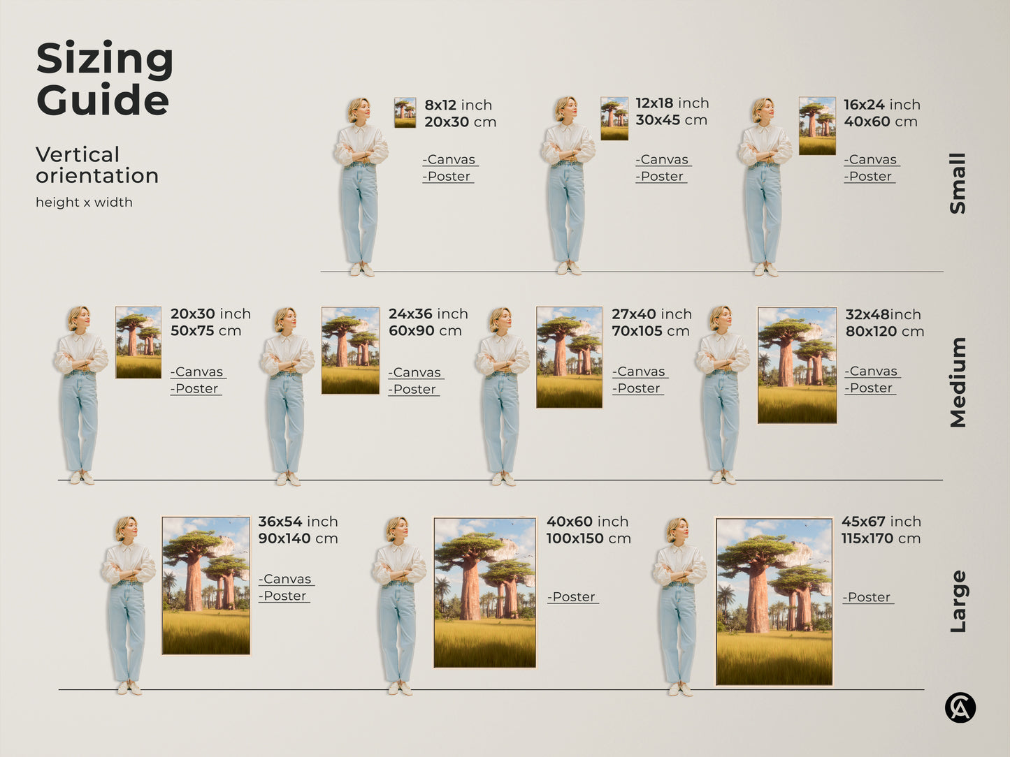 Sizing guide for Vertical orientation of the African Baobab tree art. Available in small medium and large sizes. Choose from canvas or poster prints. Find the perfect fit for your space. Dream vacation wall art.