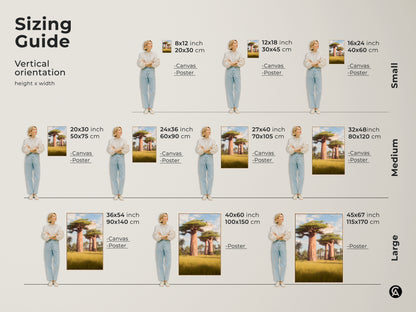Sizing guide for Vertical orientation of the African Baobab tree art. Available in small medium and large sizes. Choose from canvas or poster prints. Find the perfect fit for your space. Dream vacation wall art.