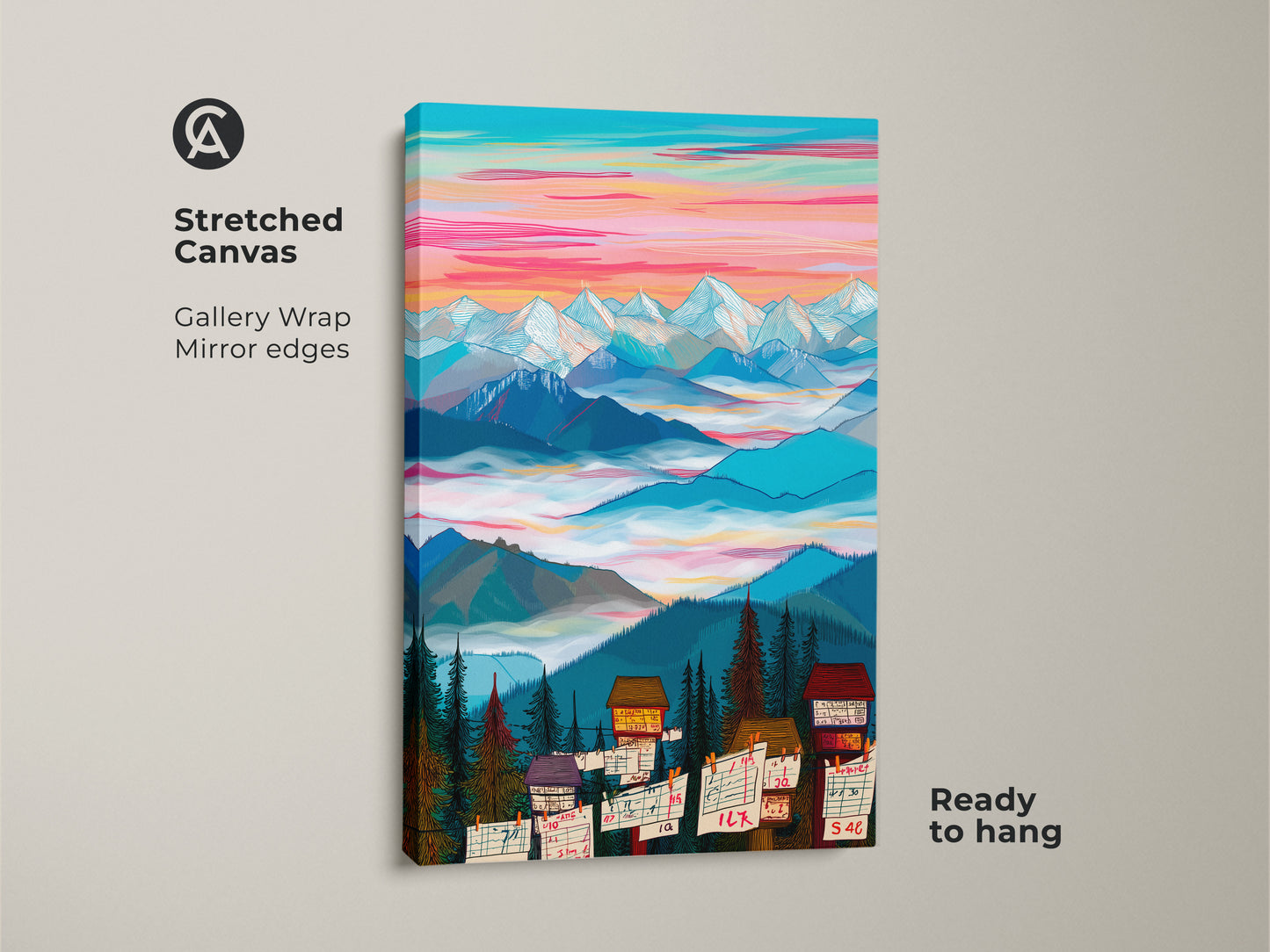Stretched canvas art featuring a mountain cabin scene. Gallery wrapped with mirrored edges this folk art print is ready to hang. The colorful sky and detailed landscape enhance any space.