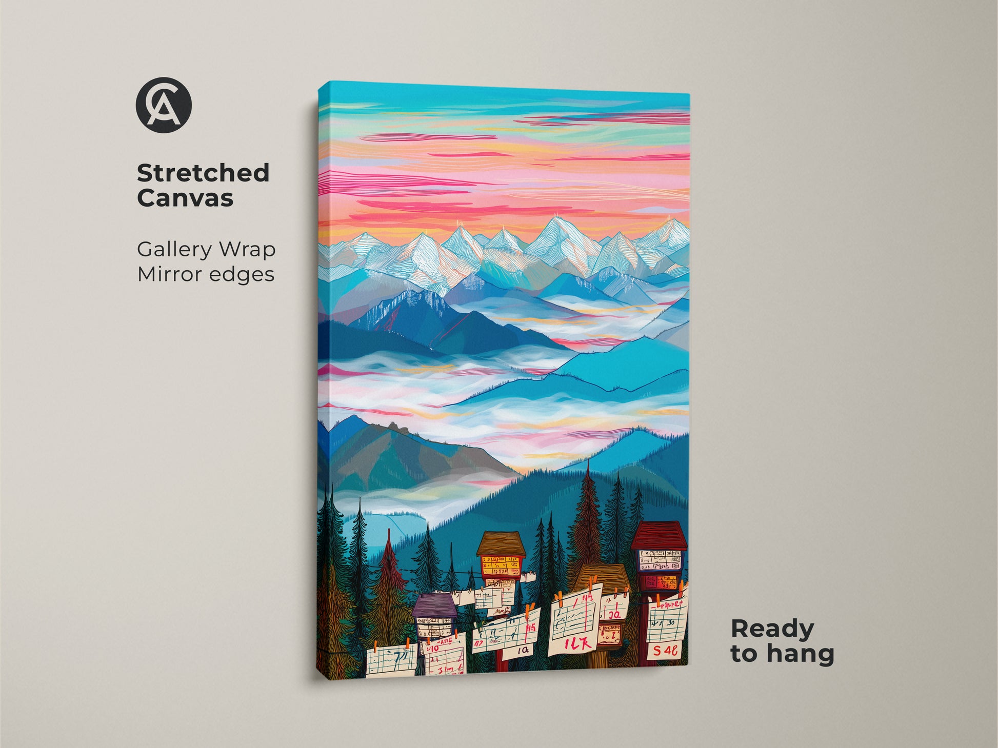 Stretched canvas art featuring a mountain cabin scene. Gallery wrapped with mirrored edges this folk art print is ready to hang. The colorful sky and detailed landscape enhance any space.