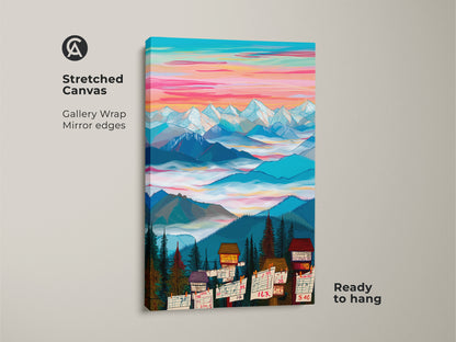 Stretched canvas art featuring a mountain cabin scene. Gallery wrapped with mirrored edges this folk art print is ready to hang. The colorful sky and detailed landscape enhance any space.